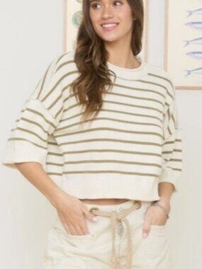 Stripe Raw Edge Drop Shoulder Short Sleeve Sweater